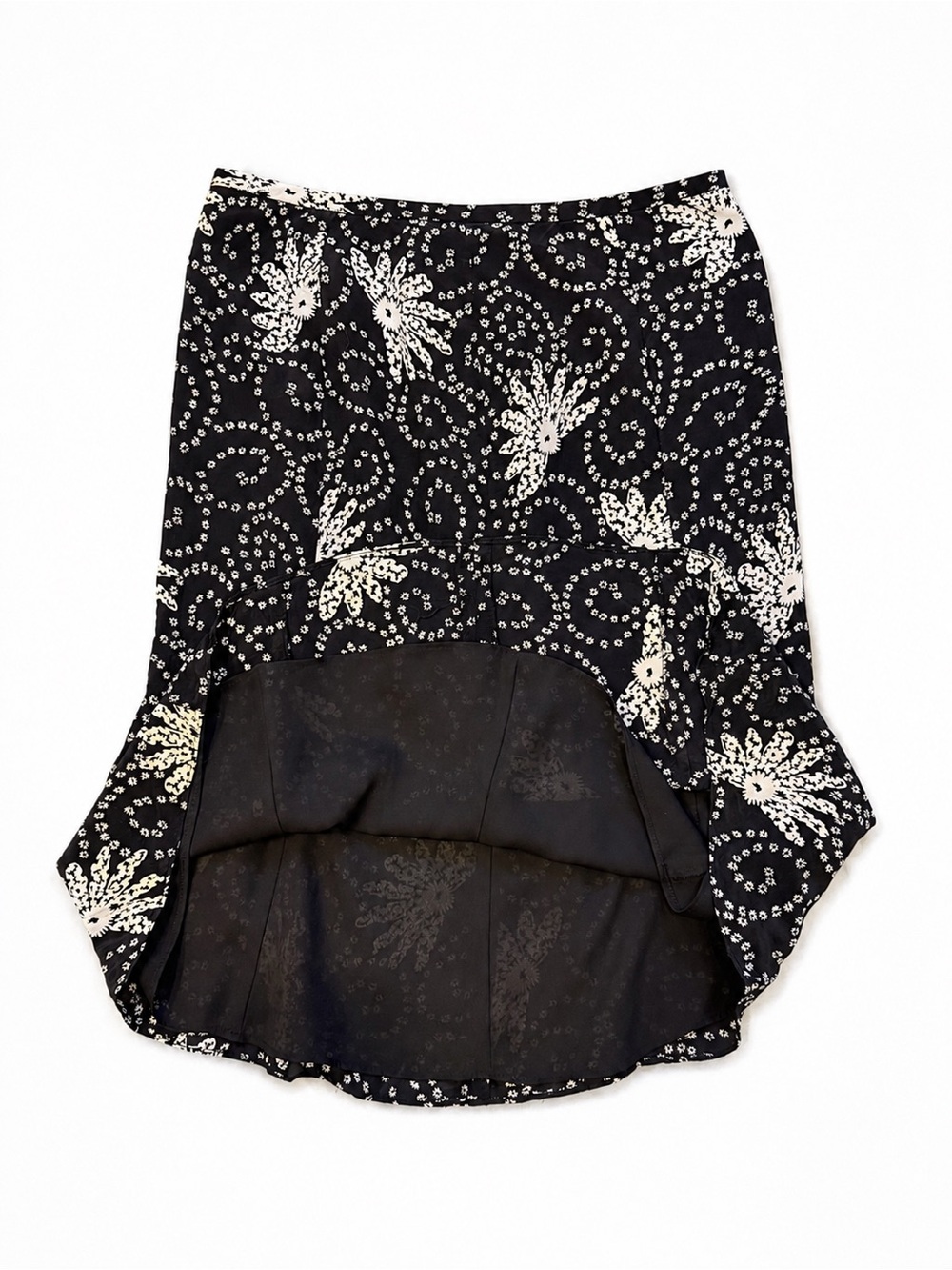 Ann Taylor LOFT 100% Silk Floral Midi Skirt Size 10 Black Ivory Boho - Picture 3 of 6
